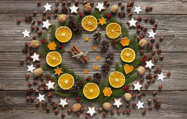 Картинка украшения, апельсины, печенье, Рождество, Новый год, christmas, орехи, new year