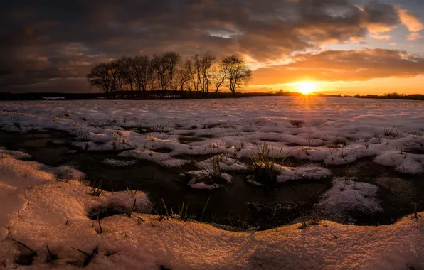 Картинка зима, поле, закат
