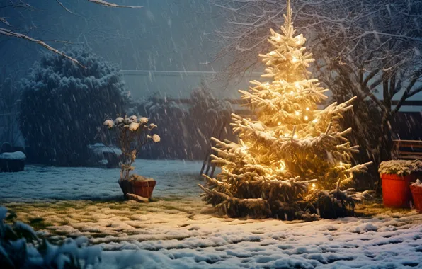 Зима, снег, украшения, ночь, lights, огни, шары, елка