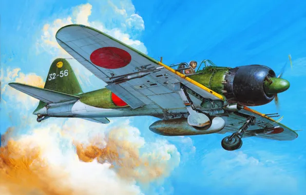 Картинка рисунок, истребитель, арт, Mitsubishi, самолёт, японский, палубный, времён