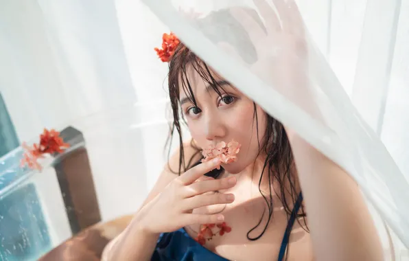Asian, Model, Flower, Water, Woman, Tub, Close Up, Close Shot
