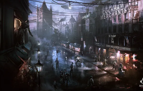 Картинка ночь, город, улица, убийца, art, Assassin's Creed: Syndicate