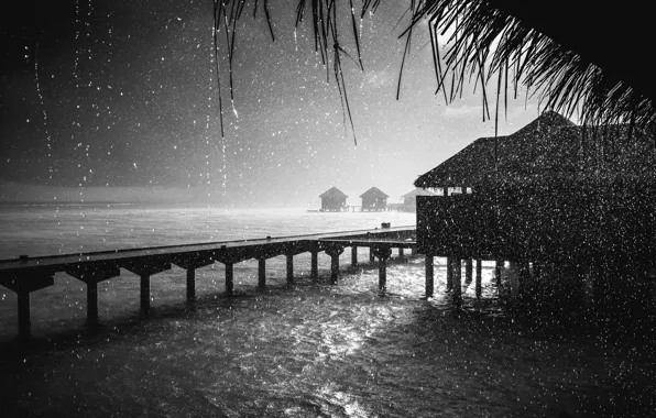 Ночь, дождь, океан, бунгало, Rain, Maldives, Fuji, прис
