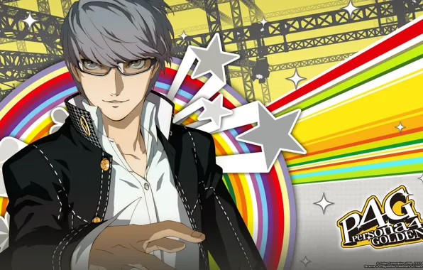 Линии, фон, игра, аниме, арт, очки, парень, Persona 4