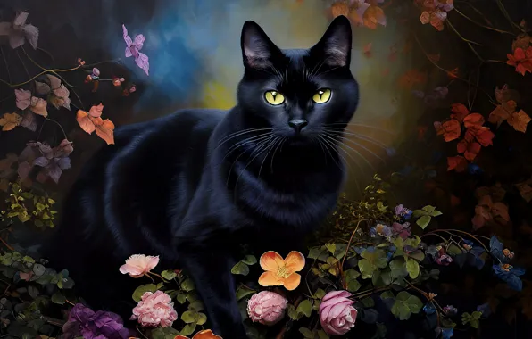 Кошка, кот, взгляд, цветы, поза, черный, сад, арт