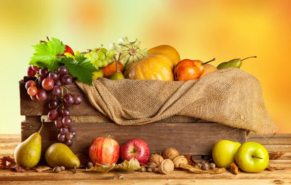 Осень, яблоки, урожай, виноград, тыквы, фрукты, орехи, ящик