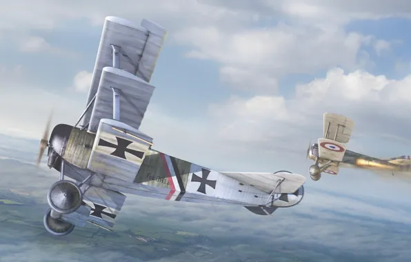 Картинка небо, авиация, арт, британцы, немцы, самолёты, воздушный бой, Первая мировая война