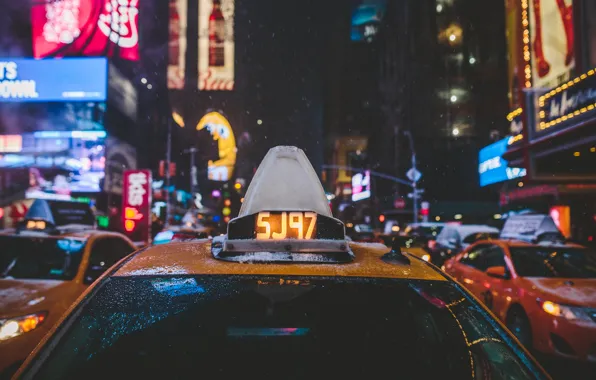 Картинка зима, стекло, капли, снег, огни, улица, Нью-Йорк, такси