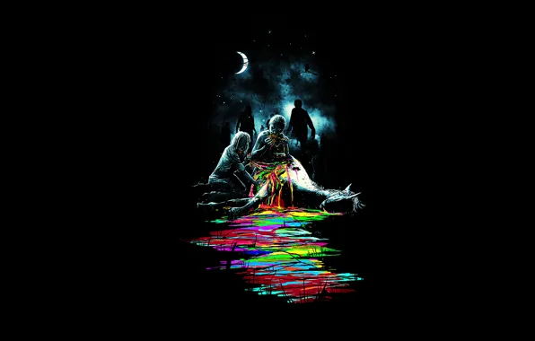 Картинка ночь, страх, луна, краски, лошадь, zombie