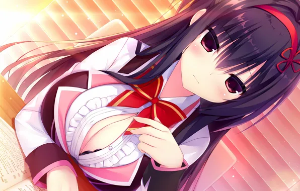 Girl, sexy, cleavage, school uniform, long hair, boobs, anime, beautiful