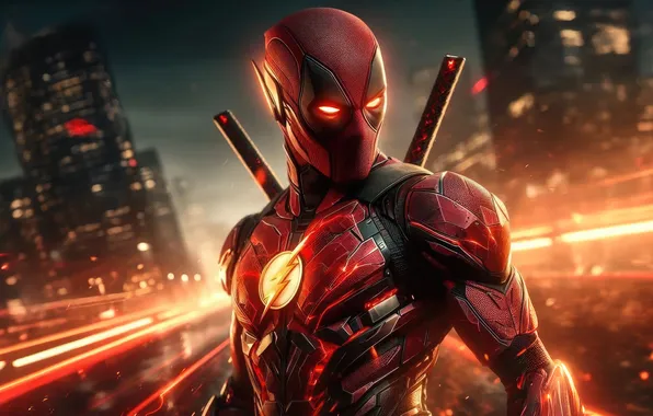 Небоскребы, маска, ночной город, Deadpool, катаны, обтягивающий костюм