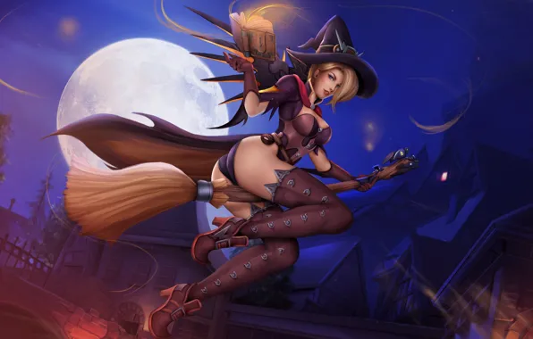 Девушка, Попа, Грудь, Ночь, Луна, Блондинка, Крылья, Halloween