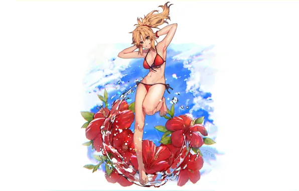 Girl, bra, panties, anime, erotic, blonde, bikini, red flowers
