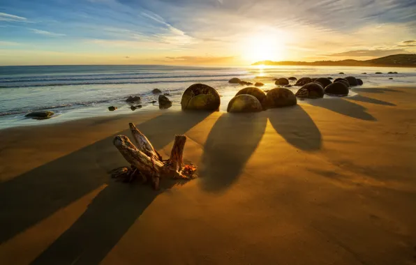 Картинка восход, камни, океан, побережье, Новая Зеландия, New Zealand