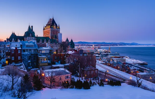 Картинка зима, снег, река, здания, дома, Канада, Canada, Quebec