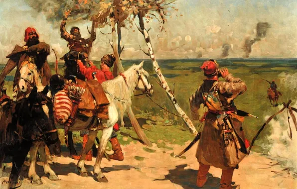 Деревья, степь, люди, дым, картина, лошади, всадники, казаки
