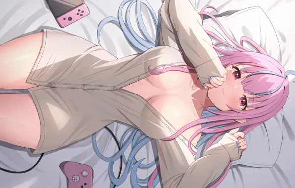 Girl, sexy, cleavage, pink hair, long hair, boobs, anime, beautiful