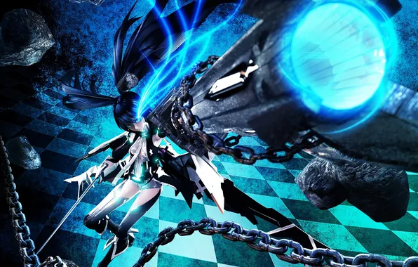 Картинка девушка, оружие, свечение, арт, цепи, black rock shooter, мато, курой