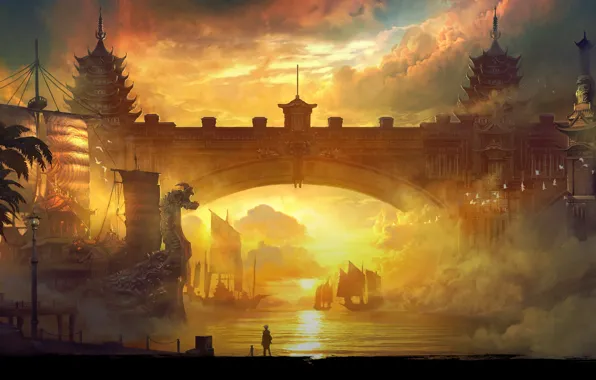 Картинка закат, мост, корабли, Blade & Soul