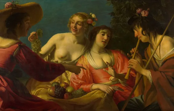 Масло, картина, холст, мифология, Геррит ван Хонтхорст, Gerard van Honthorst, 1632, Четыре нимфы и пастух …