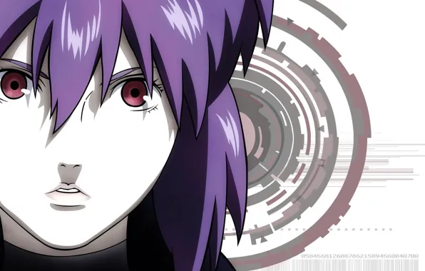 Взгляд, девушка, лицо, фон, красные глаза, Ghost in the Shell, фиолетовые волосы, Motoko Kusanagi