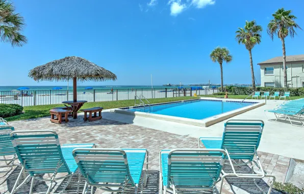 Пляж, пальмы, бассейн, отель, курорт, терраса, JC Resort, Emerald Isle