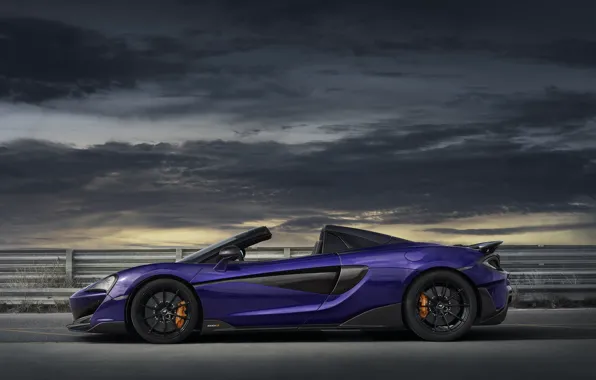 Пасмурно, McLaren, суперкар, вид сбоку, Spider, 2019, 600LT, Lantana Purple