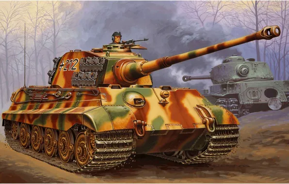 Картинка рисунок, вторая мировая, немцы, вермахт, тяжелый танк, королевский тигр, Tiger II, Sd. Kfz. 182