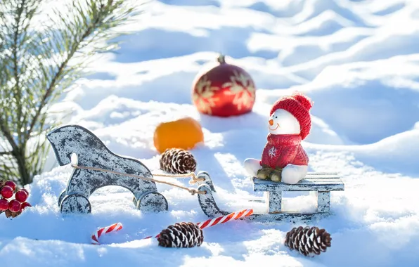 Картинка снег, украшения, игрушки, Новый Год, Рождество, снеговик, christmas, wood