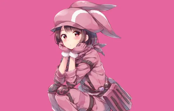 Девочка, Сидит, Розовый фон, Sword Art Online Alternative: Gun Gale Online