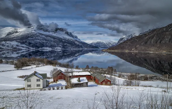 Зима, горы, озеро, дома, Норвегия, Norway, горы Филефьелль, Вальдрес