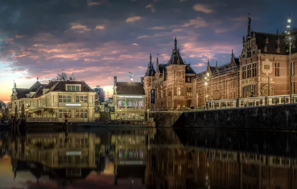 Вода, отражение, здания, дома, Амстердам, канал, Нидерланды, Amsterdam