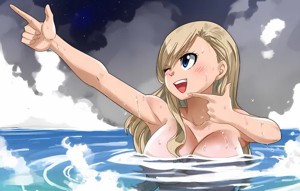Girl, sexy, wet, long hair, sea, boobs, smile, anime