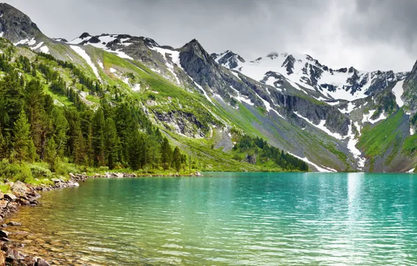 Картинка лес, снег, природа, вершины, горное озеро