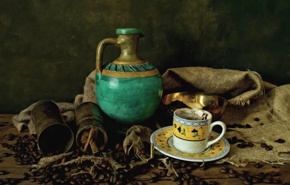 Кофе, зерна, чашка, кувшин, натюрморт