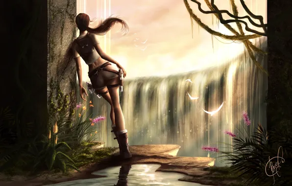 Картинка девушка, свет, птицы, стена, водопад, растения, проем, Tomb Raider