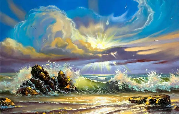 Картинка море, небо, солнце, облака, пейзаж, камни, обои, берег