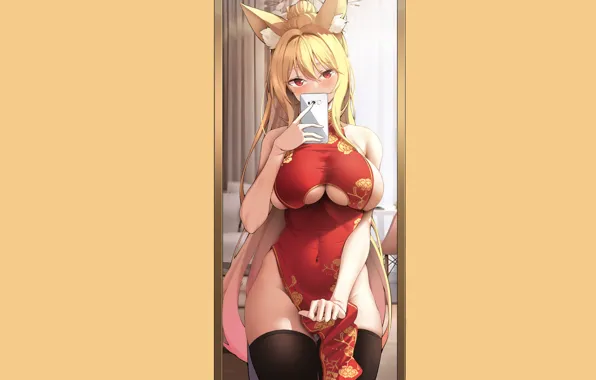 Girl, sexy, Anime, boobs, photo, mirror, Neko, selfie