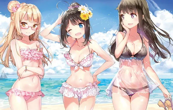 Картинка girl, sexy, cleavage, beach, long hair, sea, boobs, anime
