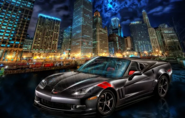 Город, Corvette, Chevrolet, ночной город, небоскрёбы, Chevrolet Corvette