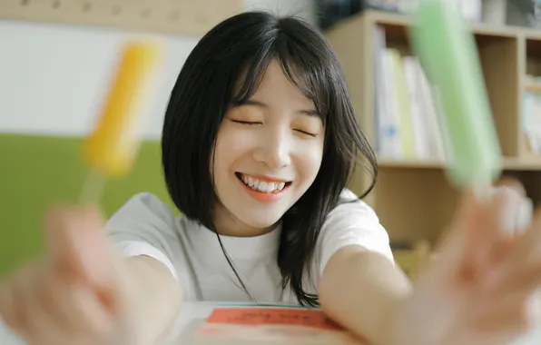 Beautiful, Asian, Model, Smile, Table, Woman, Ice, Cute