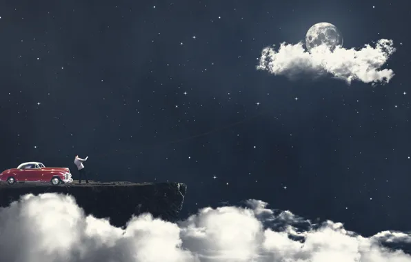 Небо, Облака, Авто, Звезды, Луна, Машина, Moon, Sky