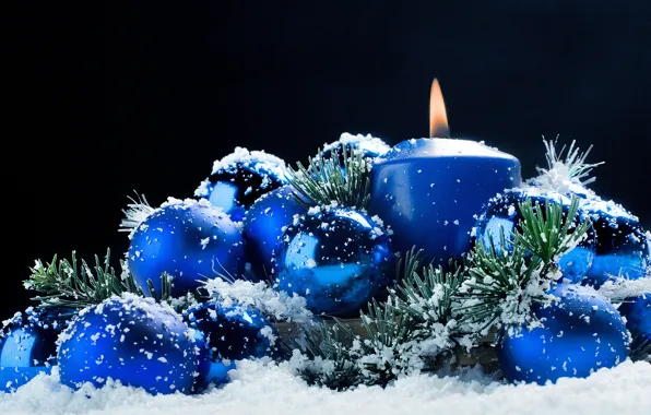 Шарики, снег, украшения, праздник, свеча, Новый Год, Рождество