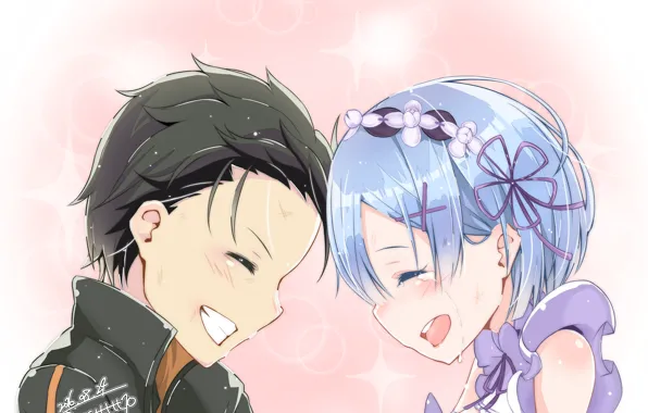 Романтика, аниме, арт, двое, Субару, Re: Zero kara Hajimeru Isekai Seikatsu, Рем