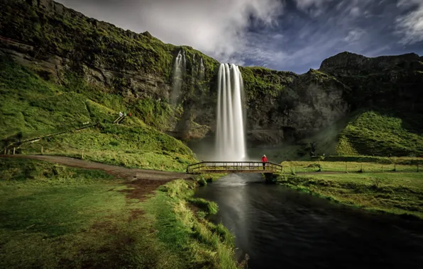 Картинка мост, река, скалы, водопад, Исландия, Iceland, Seljalandsfoss, Селйяландсфосс
