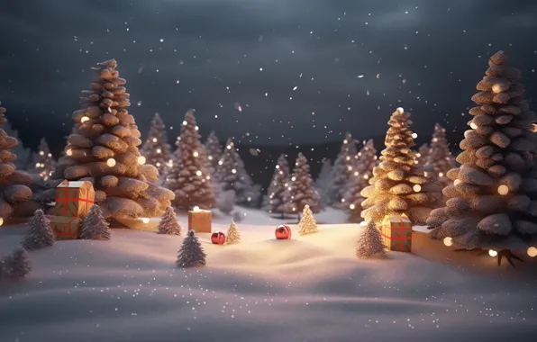 Картинка зима, снег, украшения, lights, шары, елка, Новый Год, Рождество