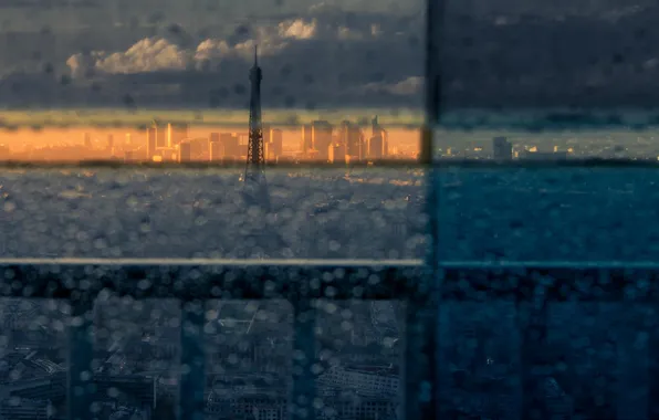 Картинка город, дождь, эйфелева башня, Париж, вид, окно