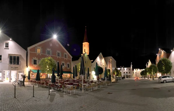 Дорога, ночь, огни, улица, дома, Германия, Бавария, Kelheim
