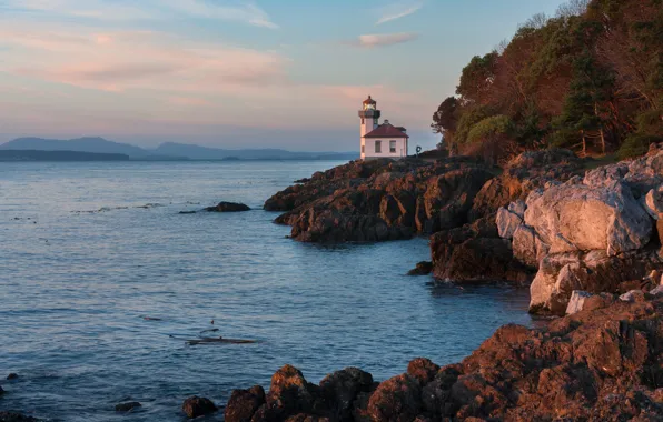 United States, sea, sunset, Washington, Lime Kiln Lighthouse