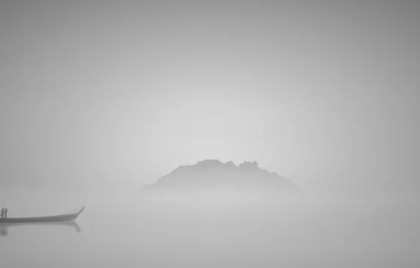 Картинка туман, лодка, остров